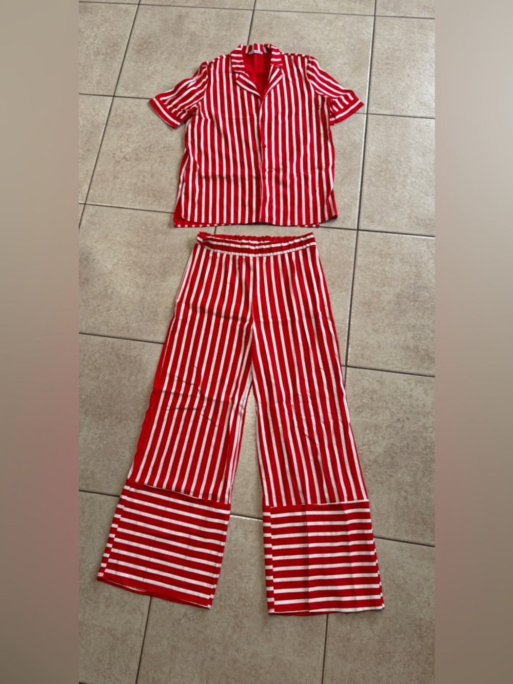 Zara Red and White Striped Wide-Leg Pants Set
